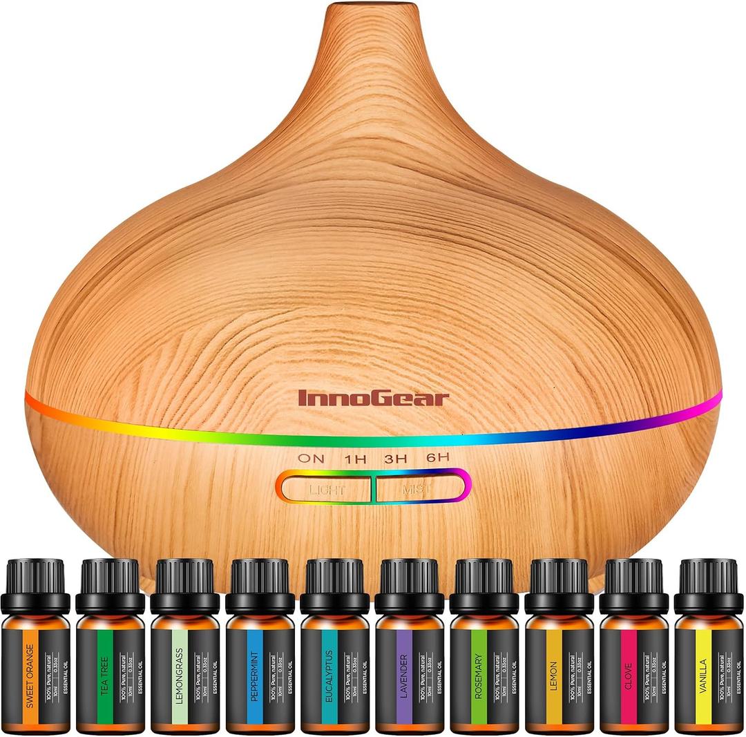 InnoGear Aromatherapy Diffuser & 10 Essential Oils Set, 400ml Diffuser Ultrasonic Diffuser Cool Mist Humidifier with 4 Timers 7 Colors Light Waterless Auto Off for Mother's Gift, Yellow Wood Grain