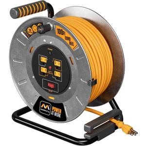 Masterplug 100ft Cord Reel, Metal Cable Drum, Retractable Extension Lead with Winding Handle, Safety Overload Circuit Breaker and Power Switch, 4x Grounded Outlets, 15amps, 12AWG Cable