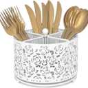 360 Rotating Metal Silverware Caddy - 4 Compartment Utensil Cutlery Holder Fork Spoon Napkin Organizer Flatware Storage Basket Party Countertop Buffet Picnic Camping Outdoor (White)