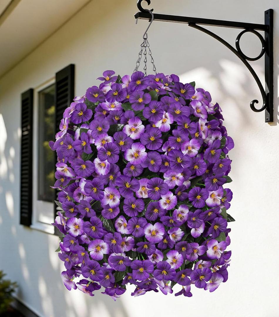 HyeFlora 4pcs Artificial Flowers for Outdoors Fake Pansy with Hanging Basket UV Resistant Silk Spring Faux Flowers for Outside Front Door Porch Yard (Mix Purple)