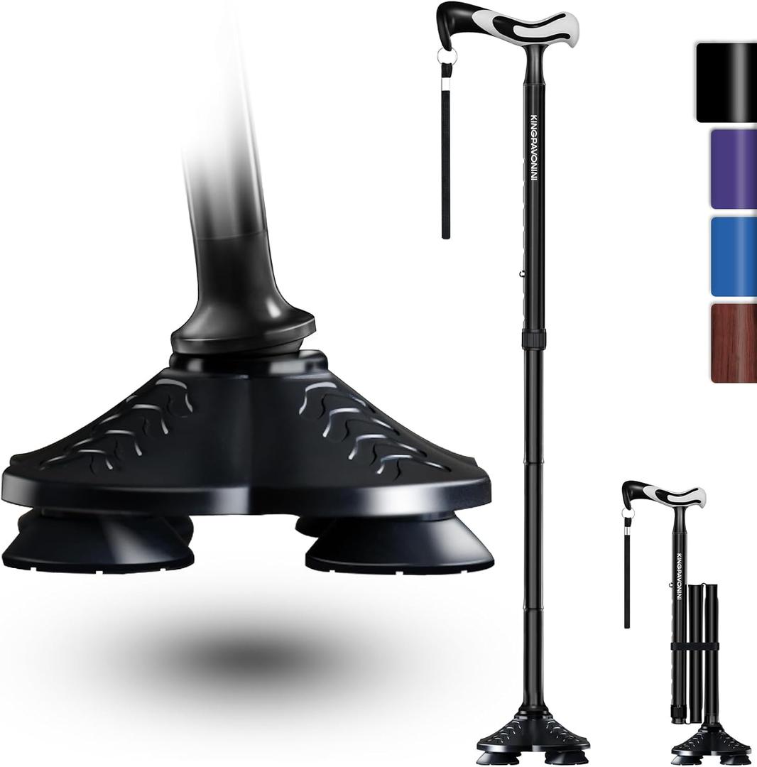 KingPavonini Walking Cane for Men Women Stability, Free Standing Foldable Cane, Ergonomic Handle Pivoting Quad Base, Heavy Duty 350 LBs, Adjustable Walking Canes for Seniors Balance with Travel Bag, Black