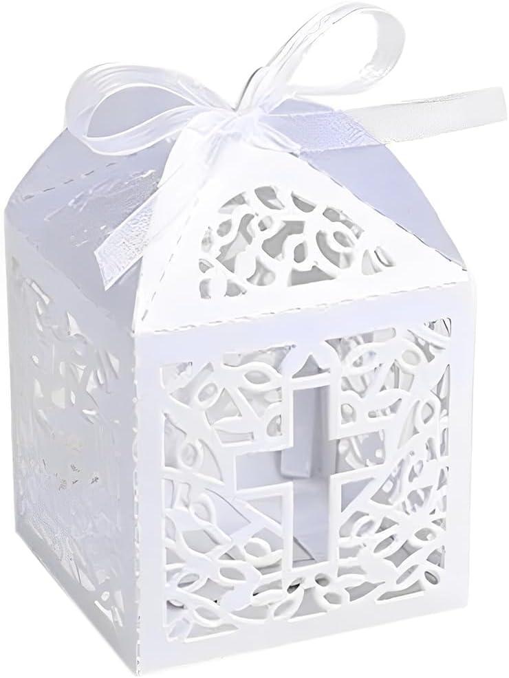 50PCS Baptism Favor Boxes, 2.2''x2.2''x2.2''Laser Cut Favor Boxes with 50 Ribbons for Baby Shower Favors Baptism Decorations First Communion Party (White)