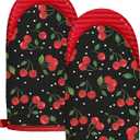 Slohif Cherry Mini Oven Mitts Set  Red Extended Short Heat Resistant Kitchen Gloves for Women, 100% Cotton Oven Mitts with Silicone Grips, Non-Slip and Thick Durable for Cooking & Baking (Black)