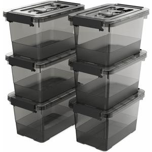 Clear Black Small Plastic Storage Bins with Lids 4 Quart, 6-Pack Stackable Organizer Boxes with Carry Handles, Compact Storage Containers for Organizing