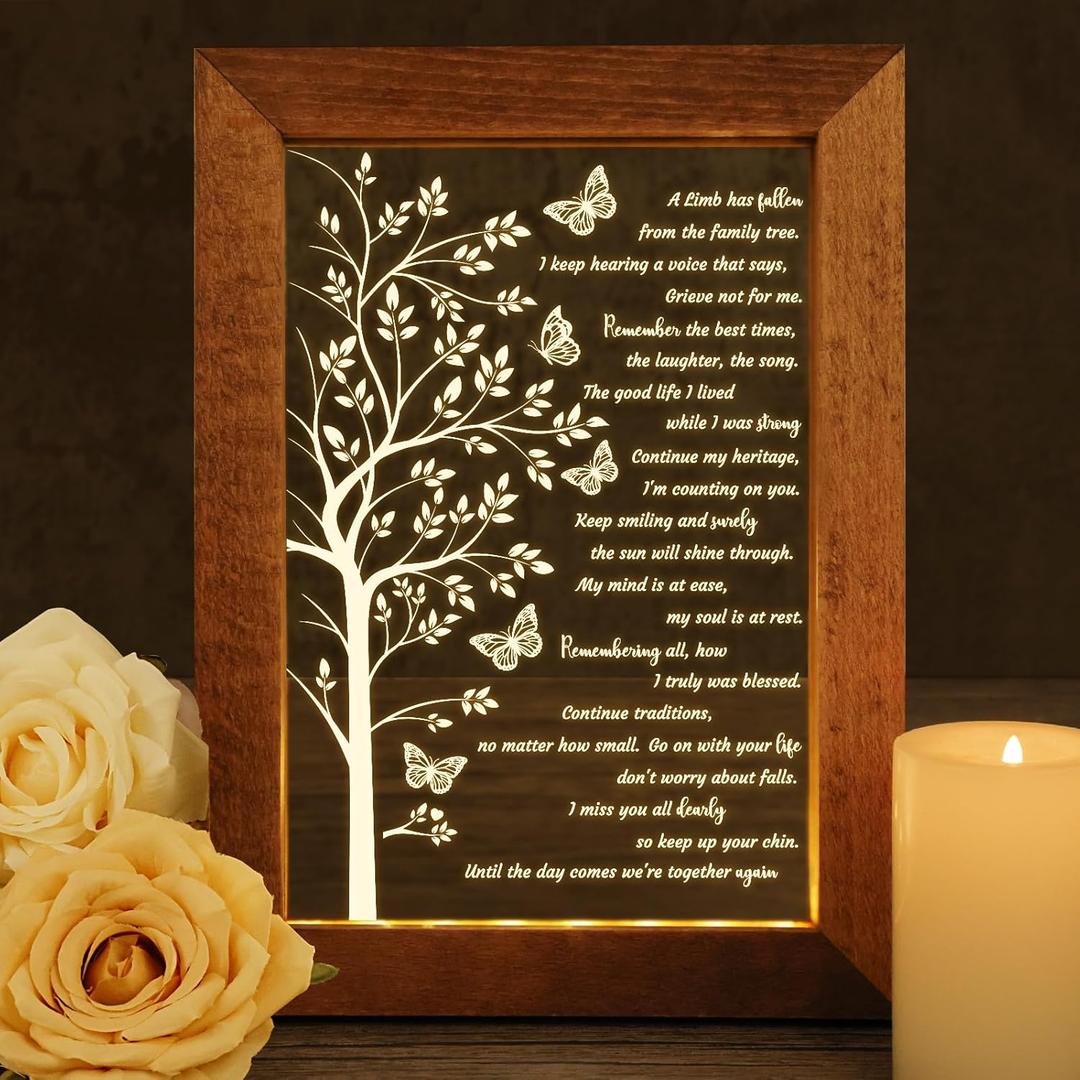 Sympathy Gift LED Lighted Acrylic Plaque Frame - Light up Memorial Picture Frame for Loss of Loved One, Memory Shadow Box with Light, Bereavement Condolences Grief Remembrance Funeral Butterfly (6.5'' x 9'', Butterfly Tree)