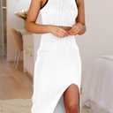 PRETTYGARDEN Women's Summer Midi Bodycon Dresses Casual Crew Neck Side Slit Sleeveless Knit Cut Out Tank Top Dress (White, L)