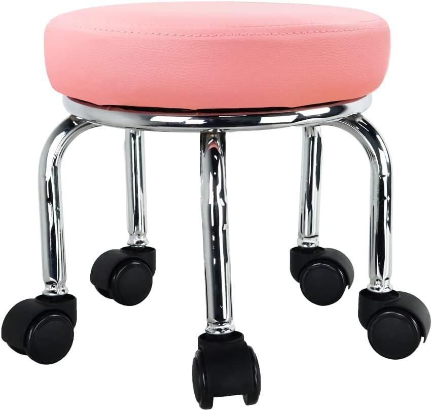 WKWKER Modern Roller Seat PU Leather Low Round Rolling Stool 360 Swivel Small Office Ottoman with Universal Wheels Foot Stool for Home Office Garage Shop Fitness Sport H12.4" Pink