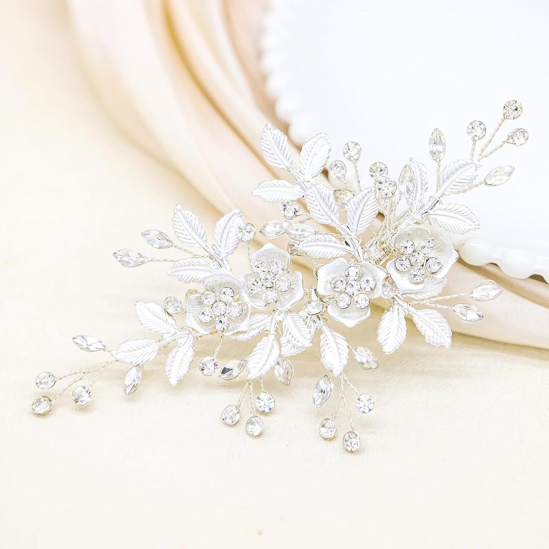 Oriamour Wedding Clip Rhinestone Bridal Comb Barrette Head Pieces for Women Bridal Headdress Flower Accessories for Brides and Bridesmaids Silver