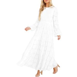 MITILLY Women's Elegant Floral Long Sleeve Round Neck Smocked A-Line Flowy Tiered Maxi Dress with Pockets (X-Large, White)