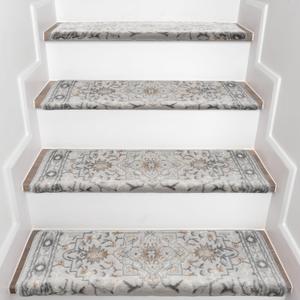 Bullnose Stair Treads for Wooden Steps, 14 Pack 30"x9.5" Non Slip Carpet Stair Treads, Peel and Stick Stair Carpet with Nosing, Indoor Stair Treads for Wood Stairs, Grey Persian