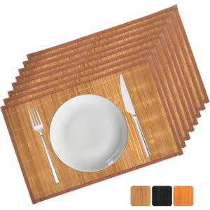 ANDSTAR Set of 8 Pcs Bamboo Placemats with Fabric Border Sushi Rolling Mat Japanese Style Natural Anti-Slip Bamboo Placemats Washable Heat-Resistant Table Mats for Dining Room and KitchenCoffee