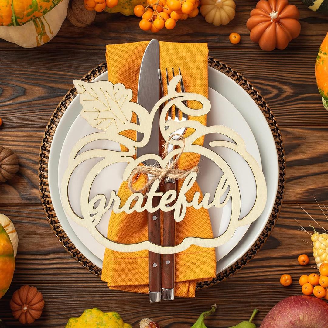 12 Pcs Thanksgiving Pumpkin Wooden Plate Decor Grateful Wood Cutouts Fall Autumn Thankful Blessed Favour Gather Party Place Card Table Settings Signs for Farmhouse Dining Table Holiday Harvest (Large, white)