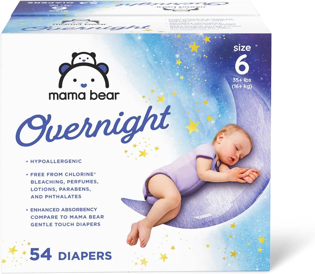 Amazon Brand - Mama Bear Overnight Disposable Baby Diapers, Hypoallergenic, Size 6 (54 count), Night Time Protection, White
