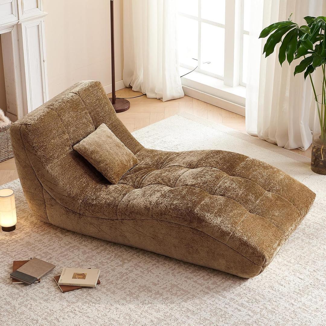 Chaise Lounge Chair with Curved Back, Modern Upholstered Recliner Sofa, Tufted Accent Lounger Comfortable Lazy Chair for Bedroom, Apartment (Camel), 59.06" x 30.71" x 25.59"
