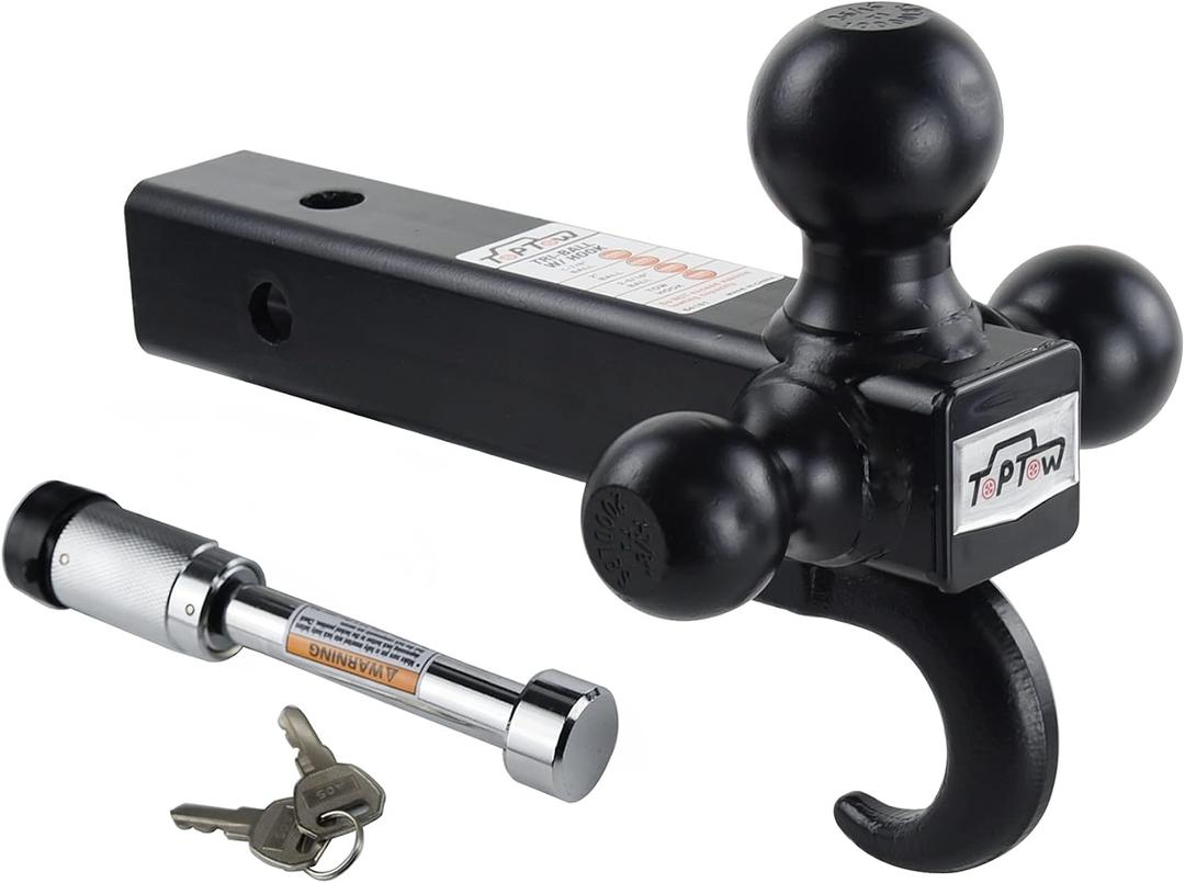 TOPTOW Trailer Hitch Tri-Ball Mount with Hook, Black Balls, with Lock, Fits for 2 inch Receiver