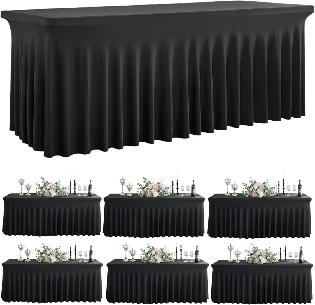 Outpain Black Spandex Tablecloth for 8 Foot Rectangle Tables, 6 Pack Black Wrinkle Free Fitted Table Cloths 8ft Stretchy Banquet Table Clothes Cover Desk Skirt for Birthday Wedding Parties Baby Shower
