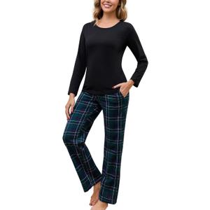 PNAEONG Women's Cotton Long-Sleeve Tops and Full-Length Pajama Set Two-Piece Pjs with Pockets SY008 (Large, Green Plaid)