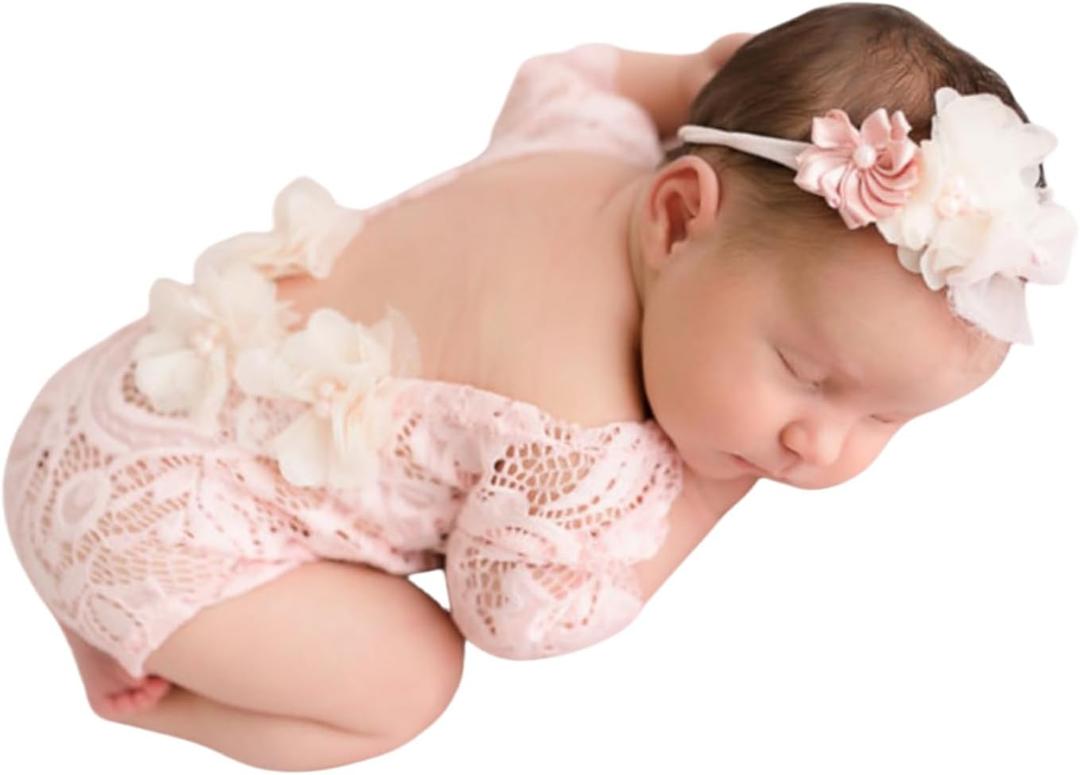 Newborn Lace Romper, 2 PCS Baby Girl Photography Props, Newborn Girl Photography Outfits with Flower Headband for Infants (Pink)