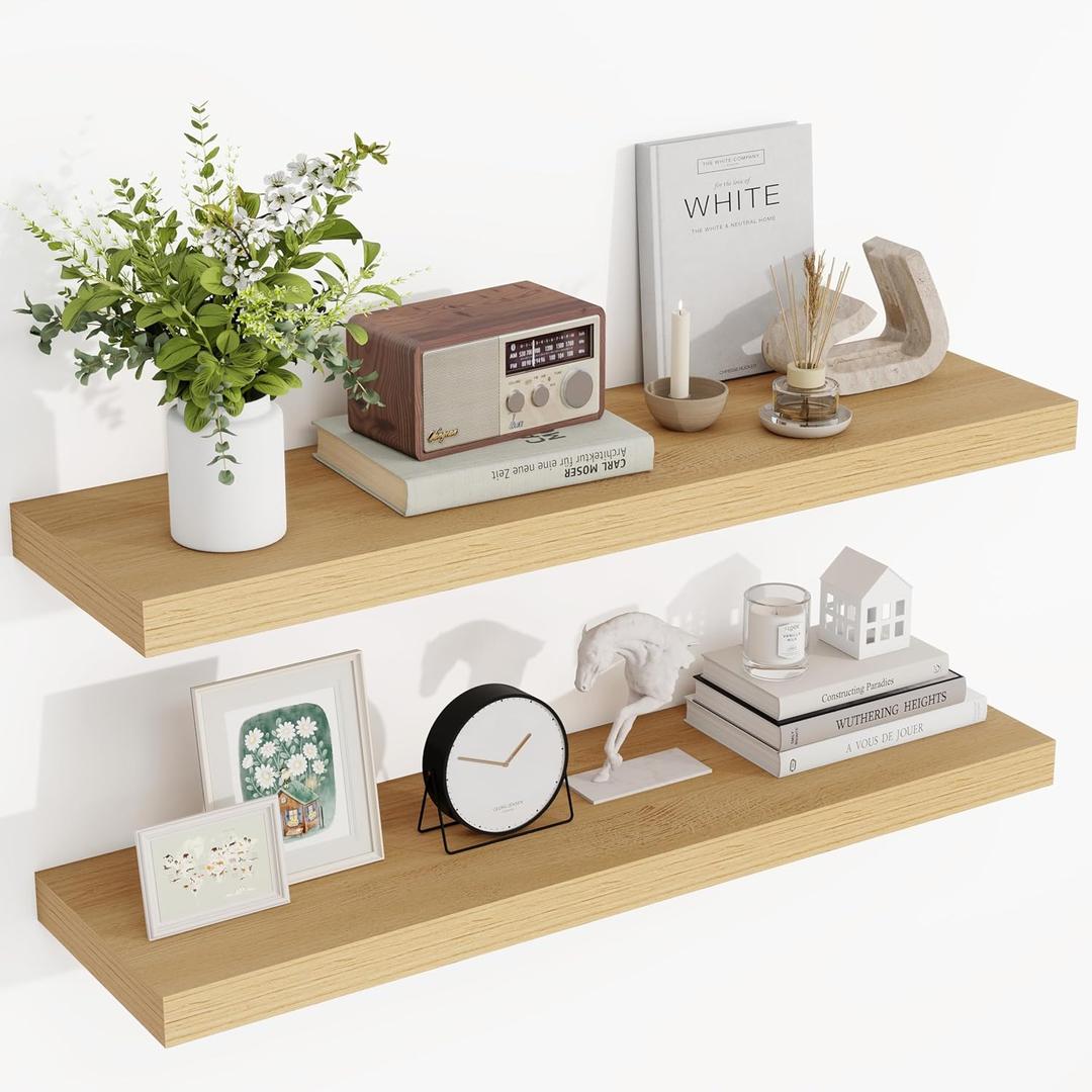 36 Inch Floating Shelves, 3D Textured Wood Grain, 36"x9.25"x1.5" Inch Deep Floating Shelves for Wall, Wooden Shelves for Bathroom, Bedroom, Living Room, Natural, 2 Pieces