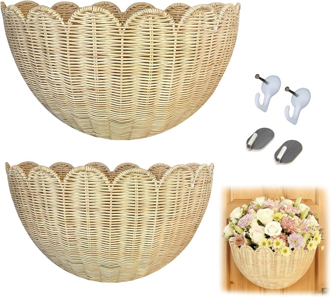 2Pcs Scalloped Wall Basket Set (16108in & 1486in), Handwoven Rattan Wicker Hanging Baskets, Boho Style Wall Decor and Storage Organizer for Living Room, Bathroom, Bedroom, or Entryway (Natural m3)