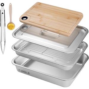 Grilling Prep and Serve Trays,Stainless Steel Large Capacity Food Prep Trays with Lid, Cutting Board Cooling Rack Food Tongs and Cleaning Brush,BBQ Accessories Gift