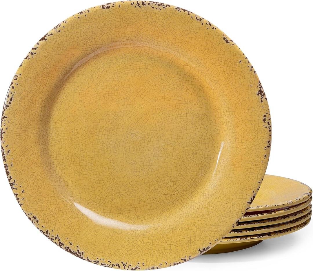 Farmhouse Melamine Dinner Plate Set, 6 Piece 11-inch Chip Resistant, Lightweight Round Kitchen Plates Set for Salad, Pasta Unbreakable RV, Camping Dining Serving Dishes for Parties, Yellow
