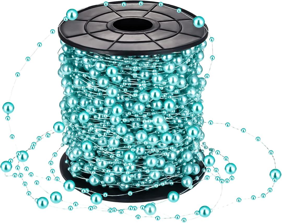 Yinder 200 Feet Pearl Beads Garland Chain Christmas Artificial Strands Bead Decor Round Shiny String Garland for Christmas Party Decor Wedding Bridal Bouquet Craft DIY(Teal Blue)