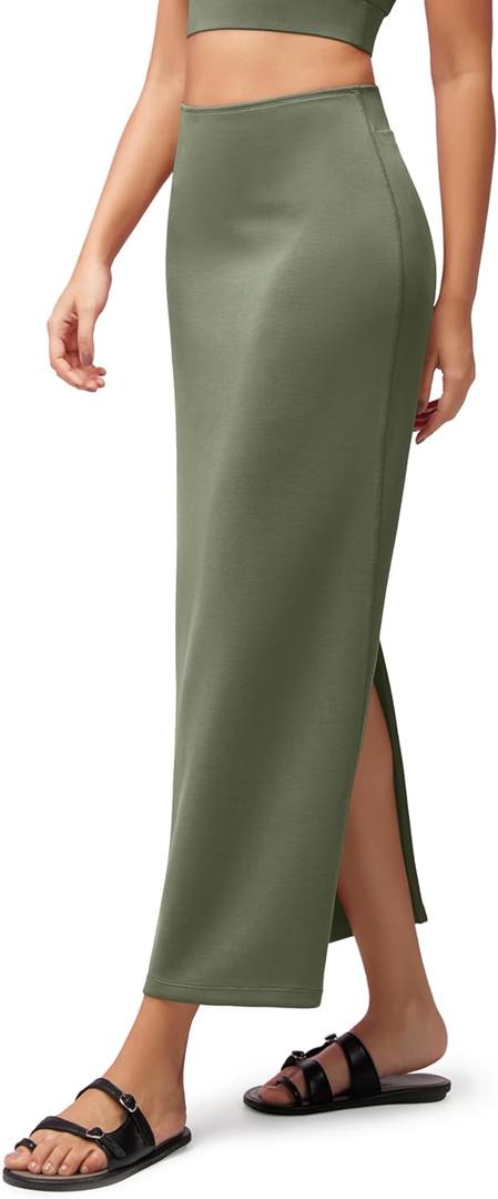 ODODOS Modal Soft Maxi Skirt for Women, Back Slit High Waist Casual Long Pencil Skirts, Dark Sage, Large (Green)