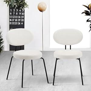 COLAMY Modern Dining Chairs Set of 2, Mid Centry Upholstered Dining Room Kitchen Chairs with Curved Backrest, Round Seat, Black Metal Legs - Cream