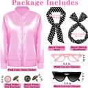 VLUV Pink Halloween Costumes Set, Women's Halloween Retro Satin Jacket Set with Scarf Headbands Glasses Accessories