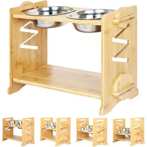 Adjustable Raised Pet Bowls for Cats and Dogs with 2 Stainless Bowls, 5 Heights Bamboo Elevated Stand Pet Feeder with Storage Shelf (Bowl set for Medium to Large breeds)