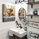 Highland Cow Wall Art Bathroom Decor 12x16 Cute Cow Bathroom Canvas Prints Funny Highland Cow Prints Art Cow On Toilet Picture Rustic Farmhouse Modern Style Restroom Bath Painting Print (Highland Cattle Holding Flowers In The Bathtub)