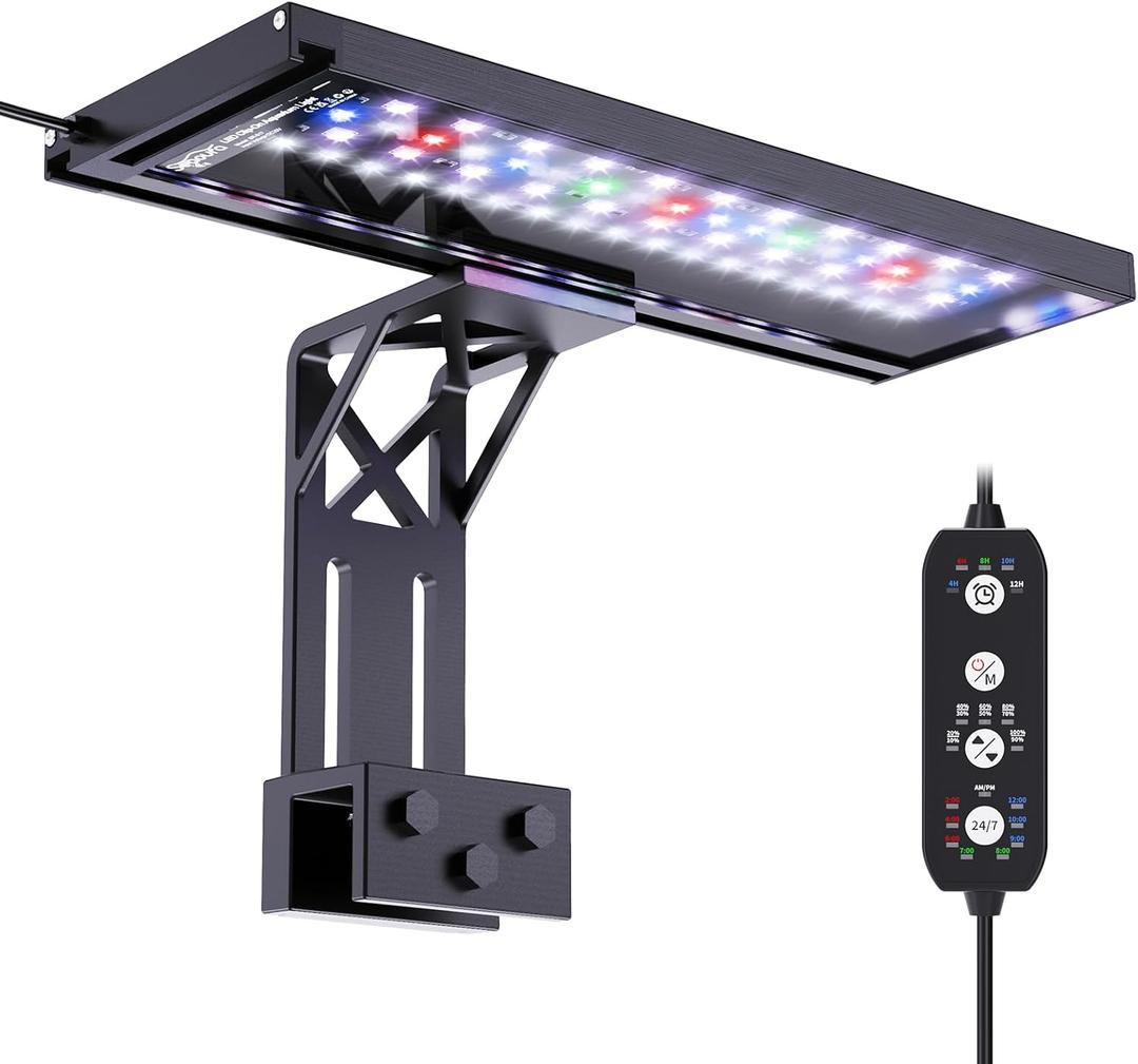 SEAOURA Clip On Aquarium Light for Plants-24/7 Cycle Fish Tank Light with Timer, Full Spectrum+7 Colors Mode, Auto On/Off, Adjustable Brightness and Height, 20W (12inch for 12-20 inch Tank)