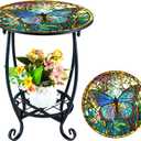 Outdoor Side Table Round Small Mosaic Patio Accent Indoor End Plant Metal Coffee Tea Table for Yard Porch Garden Patio Living Room, Bedroom(Butterfly Style,12 Inch)