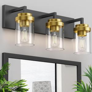 Bathroom Lighting Fixtures, 3-Light Bathroom Vanity Lights Over Mirror, Black and Gold Vanity Light with Glass Shade, Modern Vanity Lighting Fixtures for Bathroom, Bedroom, Hallway