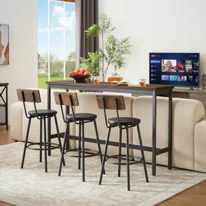 Elevon Long Bar Table Set with 3 PU Upholstered Bar Stools, Dining Table and Chair Sets, Industrial Tall Coffee Table and Back Chair for Kitchen, Living Room, Party Room, Small Space, Pub, Brown
