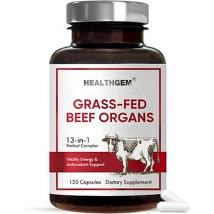 Beef Organs Supplement, Grass Fed Beef Liver, Kidney, Heart, Pancreas, Lung, Spleen, Bone, Total Body Wellness & Performance, Non-GMO, Gluten-Free, 120 Count
