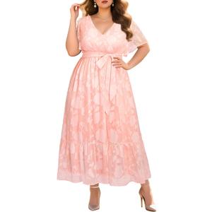 Pinup Fashion Plus Size Dresses for Wedding Guest - 2025 Cocktail Semi Formal Summer Wrap V Neck Maxi Dress, 14 Plus