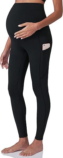 POSHDIVAH Women's Maternity Workout Leggings Over The Belly Pregnancy Yoga Pants with Pockets Soft Activewear Work Pants, Black, L