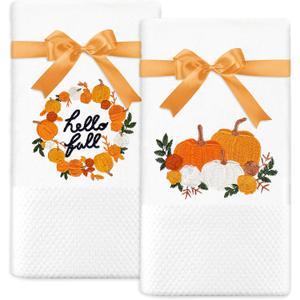2Pcs Fall Hand Towels Autumn Pumpkin Wreath Embroidered Cotton Bathroom Towel Absorbent Decorative Bath Towel for Thanksgiving Hand Drying Cleaning Cooking, 29.5 x 13.7 Inch