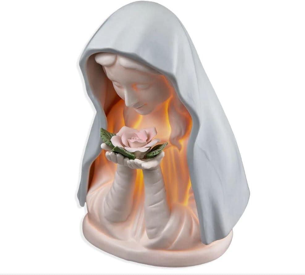 VILLAGE GIFT IMPORTERS Blue Madonna with Rose Night Light | Small Catholic Table Lamp | Blessed Mother in Blue Veil Holding a Pink Rose | Emits Soothing Warm Light | Catholic Home Decoration