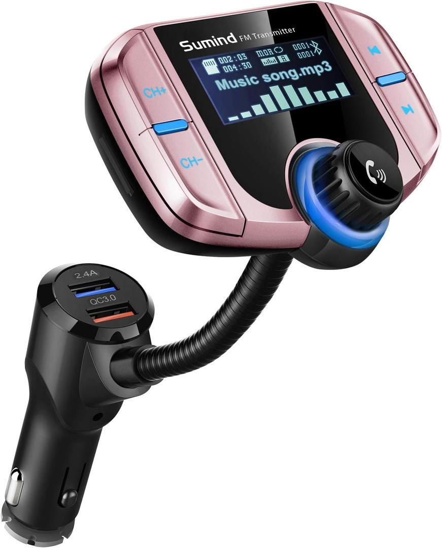 Sumind 2026 Upgraded Wireless Bluetooth Car Adapter FM Transmitter, 1.7'' LCD Display, Flexible Gooseneck, 20W QC3.0&Dual USB Ports, AUX Input/Output for Hands-Free Call, Micro/TF Card(Rose,Normal)