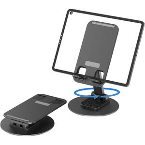 360 Rotating Cell Phone Stand for Desk, Adjustable & Foldable Phone Holder, Aluminum Desktop Phone Stand with Anti-Slip Base, Compatible with iPhone, iPad, Android Phones, K39B-Black