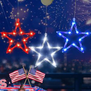 4th of July Lights,3 Pack Battery Operated Red White and Blue Window Lights with Suction Cup,Indoor Star Window Lights Timer Function for 4th of July,Memorial Day,Patriotic Independence Holiday Decor