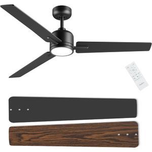52 inch Ceiling Fans with Lights and Remote, Dimmable 3 Color temperatures LED, Reversible with Quiet DC Motor, 3 Blade High CFM Indoor Outdoor Modern Ceiling Fan for Bedroom Living Room (Black)