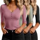 Ficerd 3 Pack Women's 3/4 Sleeve Henley Shirts, Cotton V Neck Ribbed Knit Slim Fit Shirts Tight Basic Tee (Large, Black, Gray Green, Pink)