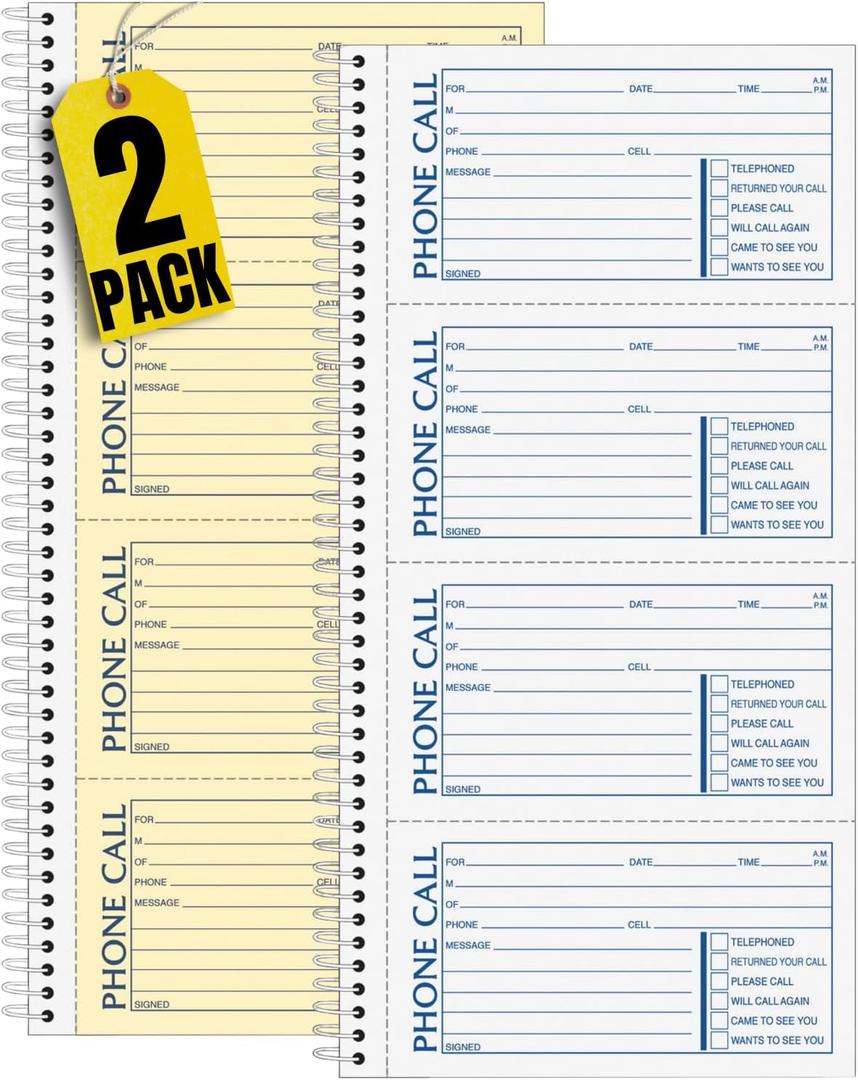 1InTheOffice Phone Message Book 2 Part Carbonless, 5" x 3 3/8" 2-Part Carbonless, 400-Set Book - 2 Pack