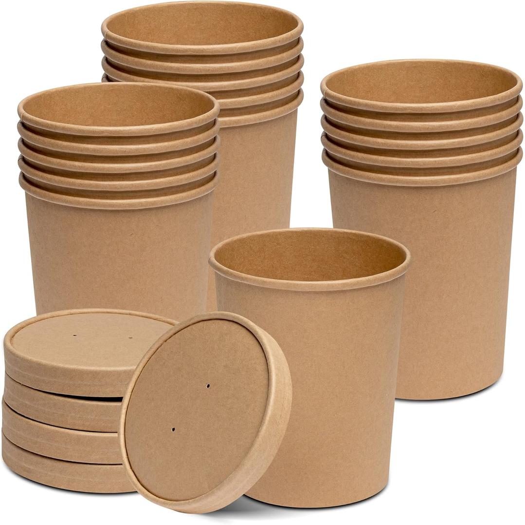 GUSTO [32 oz. - 25 Count Kraft Paper Food Containers with Vented Lids - To Go Hot Soup Bowls, Disposable Ice Cream Cups, Ideal for Hot and Cold Foods - (Formerly Comfy Package)