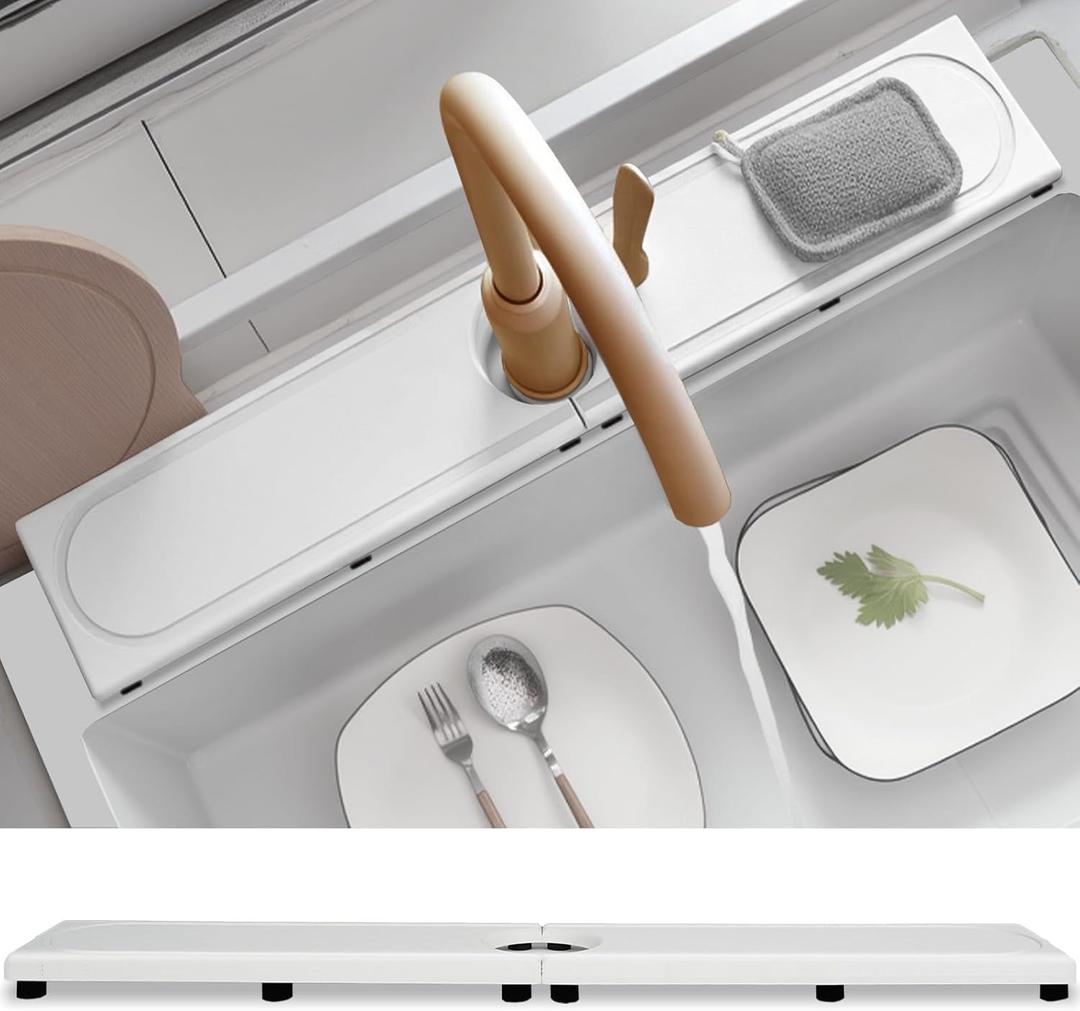 Faucet Mat for Kitchen Sink with Raised Feet, Fast Drying Diatomite Stone Sink Tray, Water Absorbent Faucet & Sink Splash Guard, Prevents Moisture Buildup, Durable Protector for Bathroom Counter (20" x 4", White Gray Style 2)