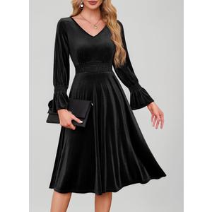 Meetjen Women's Velvet Midi Dress V Neck Long Sleeve Elastic Waist Smocked Elegant Cocktail Party Dresses 2025, Size: M